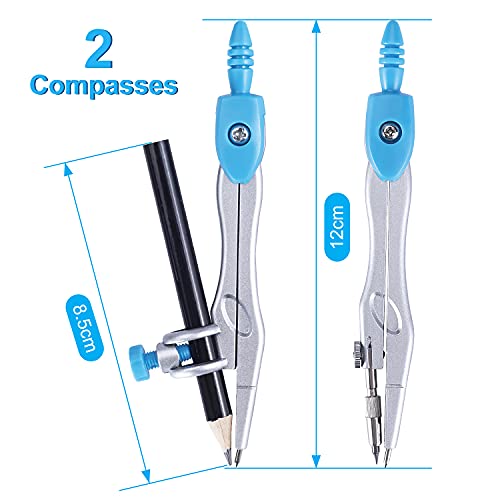 Math Geometry Kit Set 10 Pieces with Shatterproof Storage Box, Student Supplies Drawing Compass Includes Protractor, Rulers, Compass, Pencil Sharpener, Lead Refills, Pencil, Eraser(Blue)