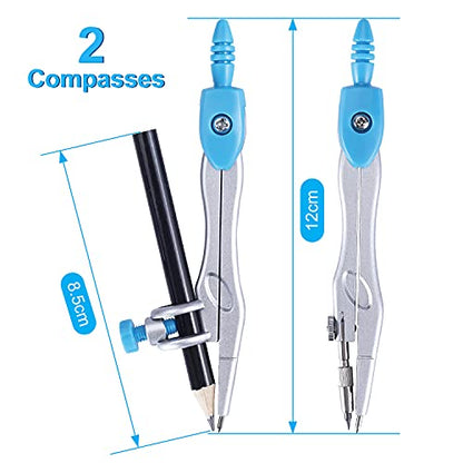 Math Geometry Kit Set 10 Pieces with Shatterproof Storage Box, Student Supplies Drawing Compass Includes Protractor, Rulers, Compass, Pencil Sharpener, Lead Refills, Pencil, Eraser(Blue)