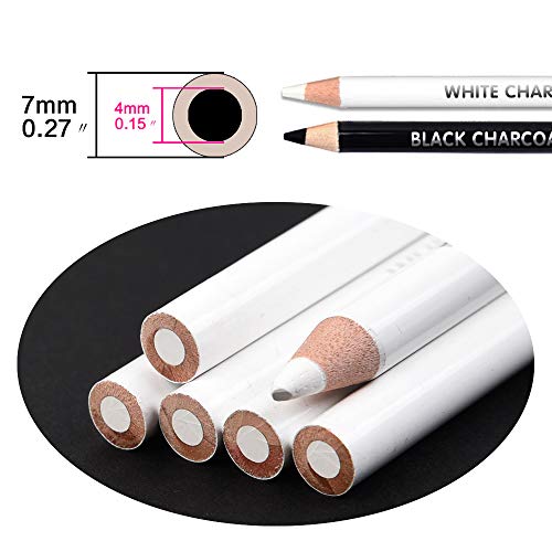 qianshan 2 Pcs Black White Color Charcoal Pencils, Professional Hight Quality Sketch Highlight Charcoal Wooden Pencils for Artist Drawing, Sketching, Blending, 2 Colors of 1 Black, 1White - color: 1 black+1 white charcoal
