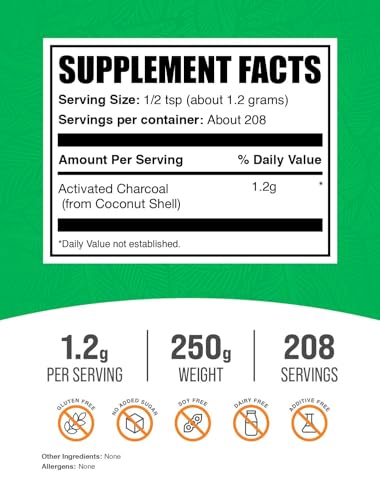 BulkSupplements.com Activated Charcoal Powder - from Coconut Charcoal, for Teeth Whitening - Vegan & Gluten Free, 1.2g per Serving, 250g (8.8 oz) (Pack of 1) - size: 8.8 Ounce (Pack of 1)