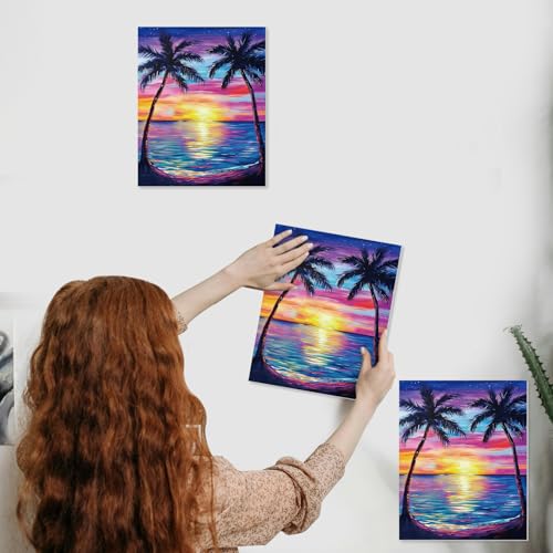 Cholemy 8 Set Paint and Sip Kit for Adults 8'' x 10'' Pre Drawn Canvas with Wooden Easels Acrylic Paint Brushes Wash Cup Palette Apron for Painting DIY Date Night Party Supplies(Sunset) - style: Sunset