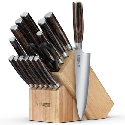 Yatoshi 15 Piece Knife Block Set - Pro Kitchen Knife Set Ultra Sharp High Carbon Stainless Steel with Ergonomic Handle - color: Light Brown, size: 15-Piece