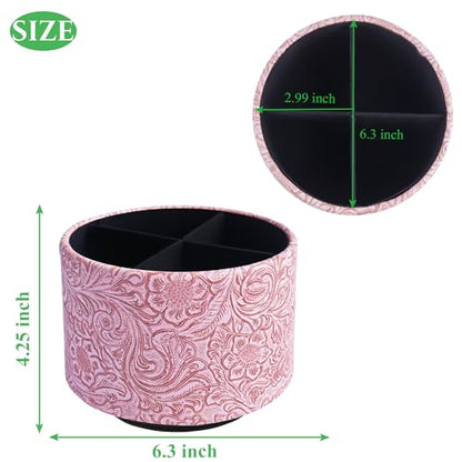 Round Leather Art Supply Organizer,Remote Control Holder,360 Degree Spinning,Multi-Functional Pencil Holder,4 Compartments Desktop Stationary Organizer(1-Carved Pink) - color: 1-Carved Pink