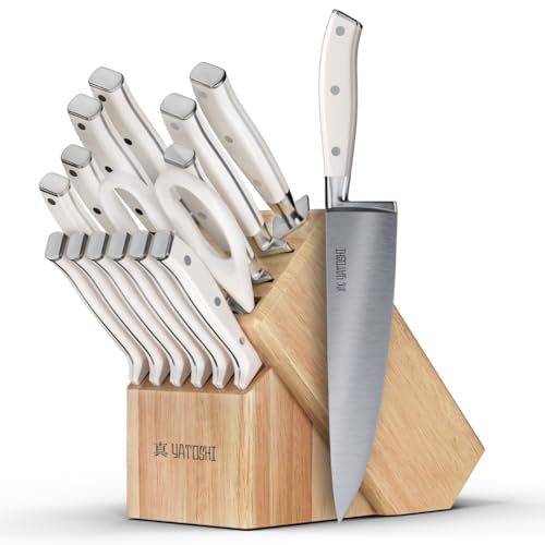 Yatoshi 15 Piece White Knife Block Set - Pro Kitchen Knife Set Ultra Sharp High Carbon Stainless Steel with Ergonomic Handle - color: White, size: 15-Piece