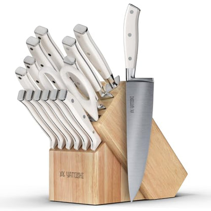 Yatoshi 15 Piece White Knife Block Set - Pro Kitchen Knife Set Ultra Sharp High Carbon Stainless Steel with Ergonomic Handle - color: White, size: 15-Piece