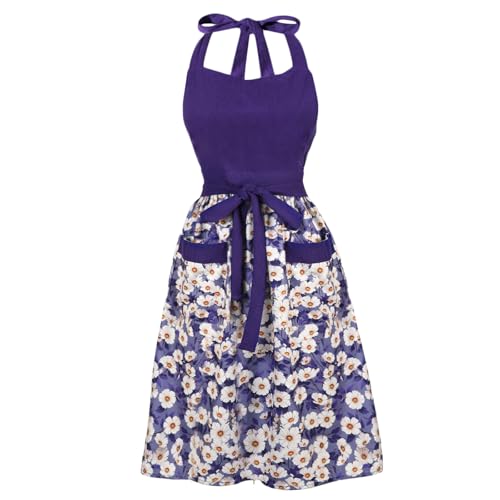 Cute Floral Apron for Women with Pockets, Cotton, Adjustable Straps - color: Purple