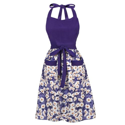 Cute Floral Apron for Women with Pockets, Cotton, Adjustable Straps - color: Purple