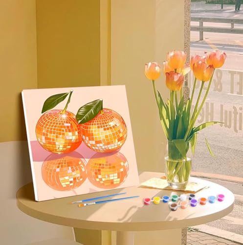 Canrichshop 4 Pack Disco Ball DIY Paint by Number Beginners,Fruit Oil Painting Adults' Paint-by-Number Kits,Acrylic Paint Kit with Frame for All Ages,Easy Paint by Numbers Kids on Canvas 8x8inch - color: BKH1240+BKH1241+BKH1242+BKH1243