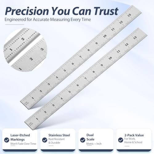 EBOOT 2 Pcs Stainless Steel Ruler Machinist Engineer Ruler with Markings 1/8, 1/16, 1/32, 1/64 Inch for Engineering, School, Office, Architect, and Drawing (14 Inch) - size: 14 Inch