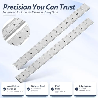 EBOOT 2 Pcs Stainless Steel Ruler Machinist Engineer Ruler with Markings 1/8, 1/16, 1/32, 1/64 Inch for Engineering, School, Office, Architect, and Drawing (14 Inch) - size: 14 Inch