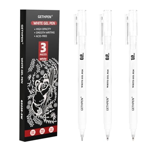 GETHPEN White Gel Pens, 0.6/0.8/1.0mm Fine Point White Pens Set, 3 Pack | Opaque White Archival Ink Pens, for Black Paper Drawing,High-lights, Sketching, Illustration, Card Making, Bullet Journaling - color: White