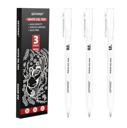 GETHPEN White Gel Pens, 0.6/0.8/1.0mm Fine Point White Pens Set, 3 Pack | Opaque White Archival Ink Pens, for Black Paper Drawing,High-lights, Sketching, Illustration, Card Making, Bullet Journaling - color: White