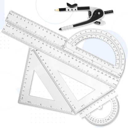 Zonon 1 Set Plastic Geometry Math Set 7 Pcs Includes 6'' / 4 '' Protractor, Drawing Compass, 45/60 Degree Triangle Rulers, 12'' / 6'' Math Ruler Transparent for Office Supplies(Clear) - color: Clear
