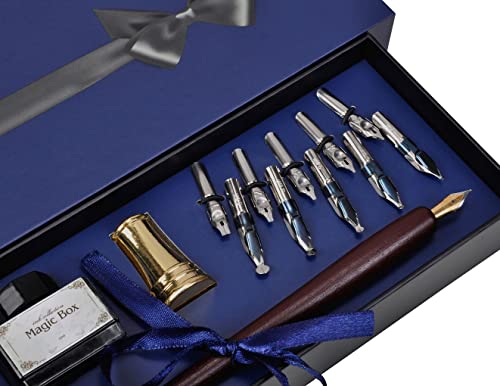 Plotube Calligraphy Pen Set, 11 Nibs, Black Ink, Pen Stand | Wooden dip pen for writing, 11 calligraphy pens nibs, 1 bottle of black ink, golden pen stand, beginners' manual - color: Black
