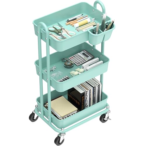 Simple Houseware 3-Tier Rolling Utility Cart with Hanging Bucket, Turquoise - color: Turqoise, size: 3-Tier