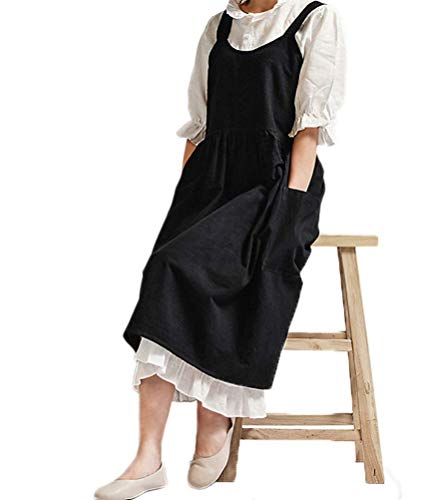 Women Girls Cross Back Apron Gardening Works Cotton Aprons Pinafore Dress - color: Black