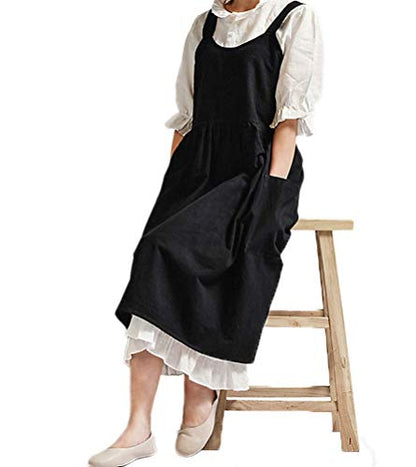Women Girls Cross Back Apron Gardening Works Cotton Aprons Pinafore Dress - color: Black