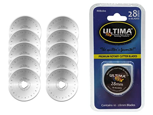 Ultima 28mm Rotary Cutter Blades – 10 Blades Per Pack – Fits Most Rotary Cutters Including Fiskars, Olfa, Martelli and TrueCut – Cuts Quilting Fabric, Leather, and More - size: 28mm