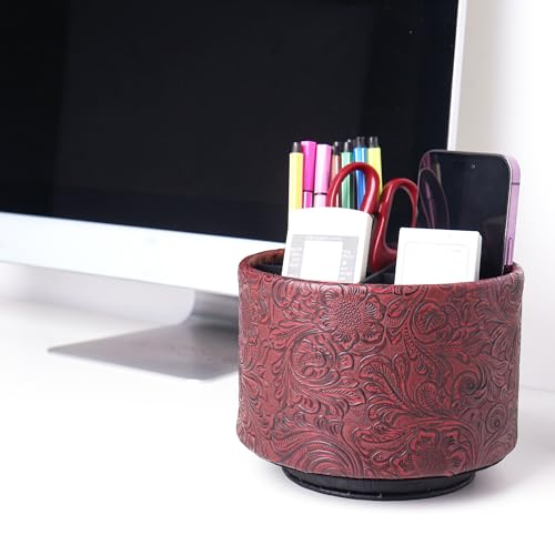 Round Leather Art Supply Organizer,Remote Control Holder,360 Degree Spinning,Multi-Functional Pencil Holder,4 Compartments Desktop Stationary Organizer(1-Carved Red) - color: 1-Carved Red