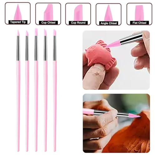 5Pcs Silicone Sculpting Tools for Polymer Clay, Nail Art & Craft DIY | Silicone Shaping Brushes for Clay Modeling, Ceramic, Fondant, Nail Art Design, Detailing and DIY Projects - color: Pink