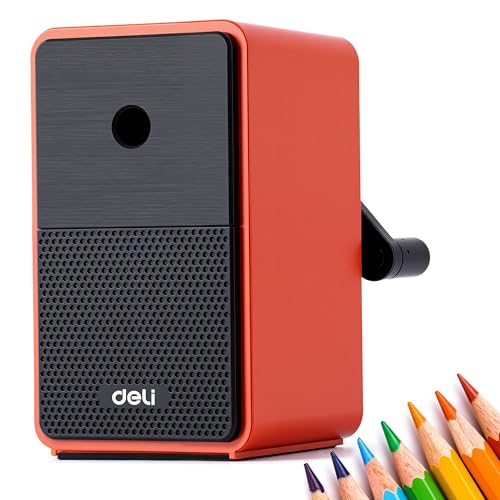 Deli Manual Pencil Sharpener, Deep Red | Auto-in Hand Crank Pencil Sharpener with Adjustable Point for Colored Pencils, Students, Kids, Classroom, Home, Office - color: Deep Red