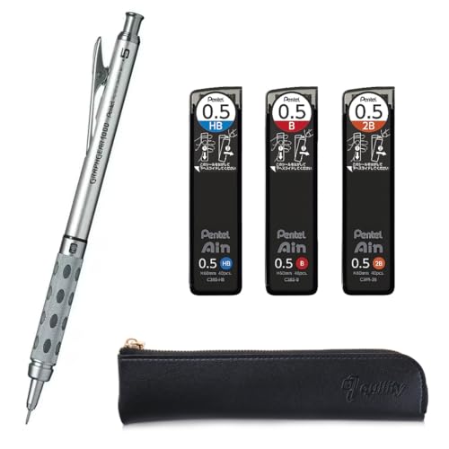 Graph Gear 1000 Mechanical Drafting Pencil + Ain HB/B/2B leads, original Black slim pen case (0.5mm) - size: 0.5mm