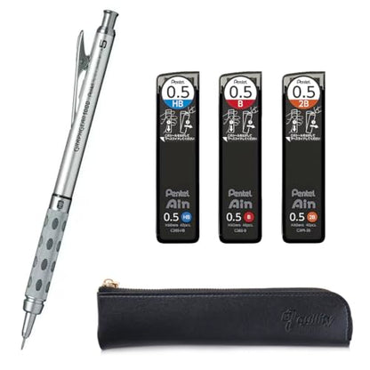 Graph Gear 1000 Mechanical Drafting Pencil + Ain HB/B/2B leads, original Black slim pen case (0.5mm) - size: 0.5mm