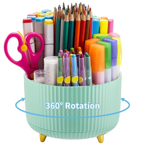 Marbrasse Desk Organizer, 360-Degree Rotating Pen Holder, Desk Organizers and Accessories with 5 Compartments Pencil Holder, Art Supply Storage Box Caddy for Office, Home (Mint Green) - color: Mint Green