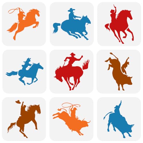 FINGERINSPIRE 9 Pcs Cowboy Painting Stencil 5.9x5.9inch Reusable Horse Drawing Template DIY Art Rodeo Show Pattern Decoration Stencil for Painting on Wood Wall Fabric Paper Furniture - color: Cowboy Rodeo Show