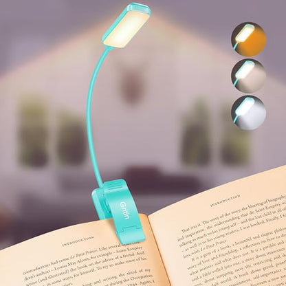Gritin 9 LED Rechargeable Book Light for Reading in Bed | Eye Caring 3 Color Temps,Stepless Dimming Brightness,80 Hrs Runtime Small Lightweight Clip On Book Reading Light-Blue - color: Blue