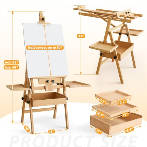 Beech Wood H-Frame Painting Easel Stand,Flat & Upright Adjustable Art Easel | Adjustable height 48"-80" & tilt 0°-90", fits 30"-50" canvas, Foldable wooden easel with storage drawer & trays for adults - color: Warm Natural