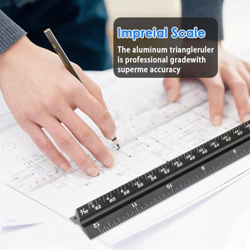 Architectural Scale Ruler 12 Inch, Aluminum Triangular Drafting Ruler | Laser-etched imperial scales for blueprints, floor plans, drafting, engineering and construction drawings.