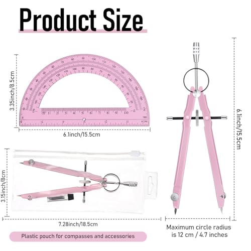 EBOOT Student Geometry Math Set, Metal Drawing Compass and 6 Inch Clear Swing Arm Protractors 180 Degree Math Protractor(Pink and Pink) - color: Pink and Pink