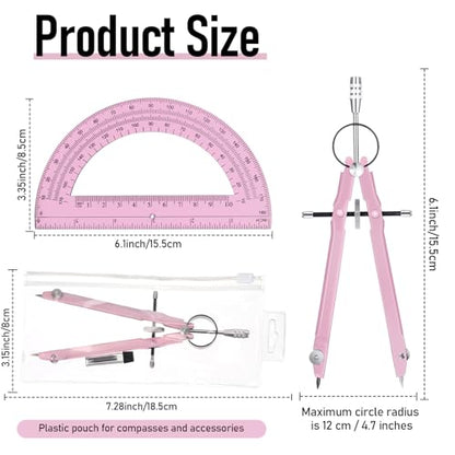 EBOOT Student Geometry Math Set, Metal Drawing Compass and 6 Inch Clear Swing Arm Protractors 180 Degree Math Protractor(Pink and Pink) - color: Pink and Pink