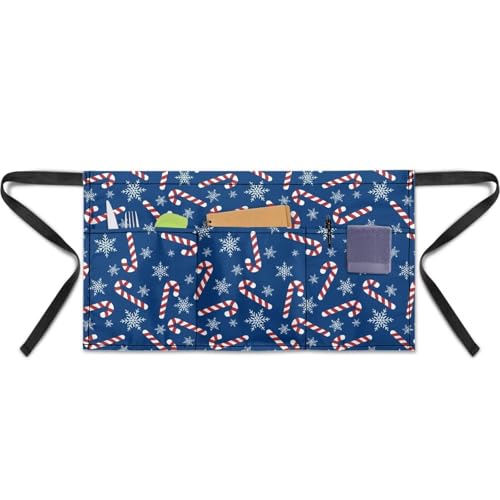 Waist Apron with 3 Pockets Waterproof 13 Inch Short Half Waist Aprons Women Men Server Aprons Waitress Waiter Apron - color: Candy Cane Snowflakes