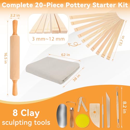 Pletpet 20Pcs Pottery Tools Kit for Adults, with 1 Wooden Rolling Pin, 10 Pottery Rolling Mud Sticks, 8 Clay Sculpting Tools and 1 Premium Linen for Ceramic, Polymer Clay & Beginners