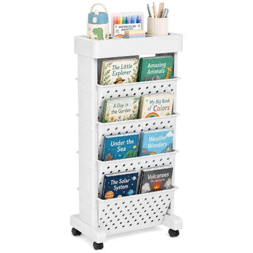 5-Tier Rolling Bookshelf Cart with Wheels, White - color: White, size: 5-Tier 26"H