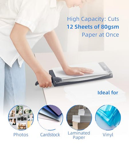 Firbon 12" Guillotine Paper Cutter with Hidden Ruler, Compact Paper Trimmer | 12-Sheet Capacity | Gray | Dual Scales | Paper, Cardstock & Photo Trimming | Scrapbooking Crafts | Office, Home & Studio Use - color: Gray