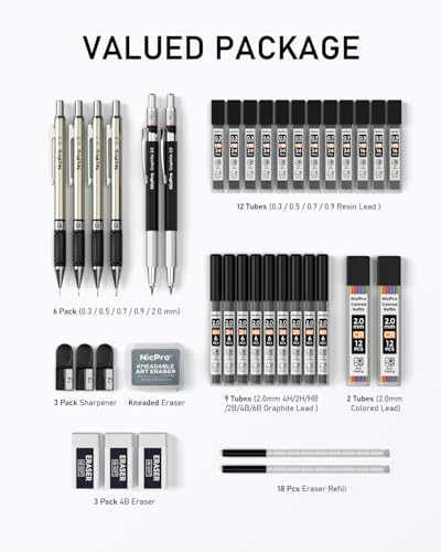 Nicpro 37PCS Art Mechanical Pencil Set, 4PCS Metal Drafting Pencil - color: Black, style: 0.3 0.5 0.7 0.9 2.0