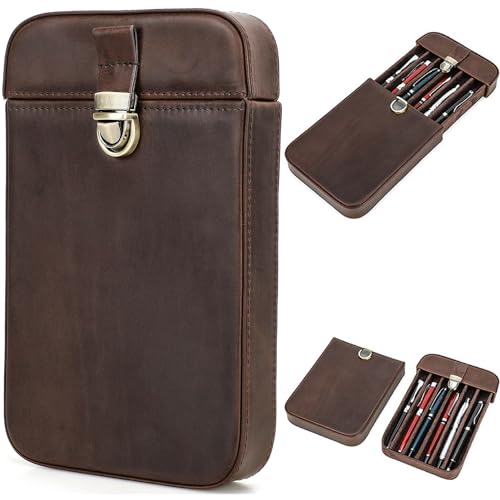 Top Grain Genuine Leather 6 Fountain Pen/Pencil Tray Case Holder, Handmade Minimalist Design, Brass Plug-in Lock with Drawer Design, Gift Choice for Man/Woman/Office, Matte Coffee, 6 Slots - color: Matte Coffee, size: 6 Slots -【Plug-In Closure】