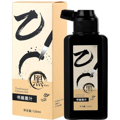 120ml Black Sumi Ink,Chinese Brush Calligraphy Ink (4.06oz) | Traditional Sumi Brush Liquid Ink for Practice & Professional Creation; Compatible with Japanese & India Ink