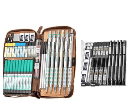 Nicpro 22PCS Black Metal Mechanical Pencils Set + 40PCS Art Mechanical Pencils Set with Leather Bag