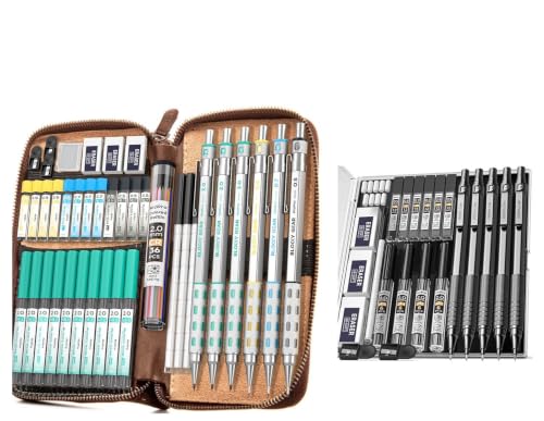 Nicpro 22PCS Black Metal Mechanical Pencils Set + 40PCS Art Mechanical Pencils Set with Leather Bag