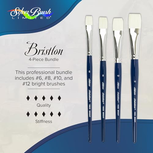 Silver Brush Limited Bristlon Short Handle Brights Oil Paintbrush Set, 4pc | Sizes 6, 8, 10, 12, Stiff Fine Point Synthetic Bristle, Lightly Textured Strokes, Color Blocking, Abstract Design, Cityscapes - color: Short Handle Brights, size: 4 count