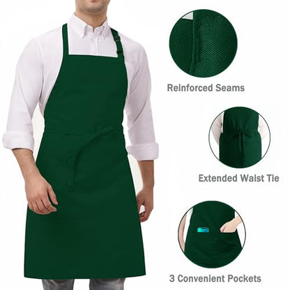 3 Pack Black White Chef Apron, Adjustable Kitchen Apron with 3 Pocket for Men Women Waitress Waiter Serve (Polycotton) - color: Green
