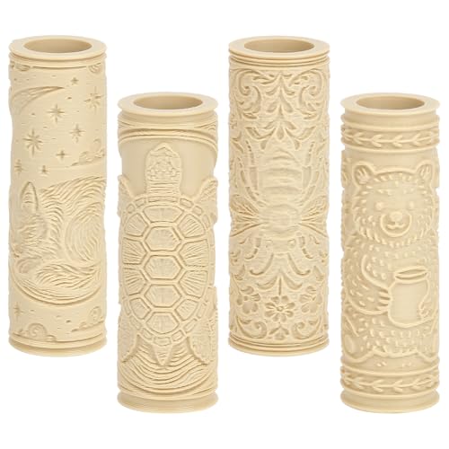 CRAFTYMELODY 4Pcs Clay Texture Roller 4 Styles Plastic Column Pottery Tools Rolling Pins Stamps Bee Turtle Bear Fox Texture Roller for Handmade Making Crafting Art DIY Projects Home Accessories