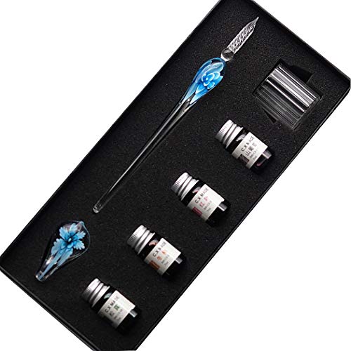 Crystal Glass Intarsia Dip Pen Fountain Pen Kit Vintage Calligraphy Signatures Pen with 4 Colors Ink, Pen Holder, Cleaning Cup, Light blue - color: light blue