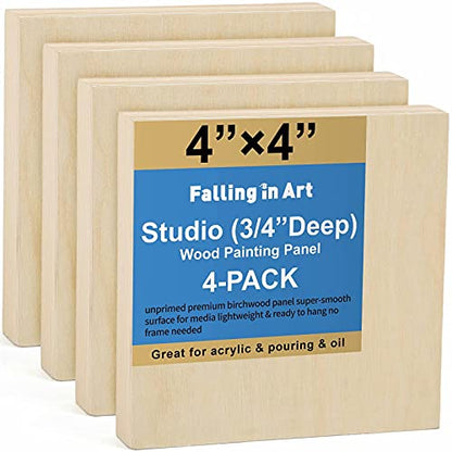 4 Pack 4x4’’ Unfinished Birch Wood Panels Kit for Painting | Studio 3/4’’ Deep Wooden Canvas, Cradle Boards for Acrylic Pouring, Art, Crafts, Epoxy Resin, Laser Engraving Cutting - size: 4'' x 4'' Studio