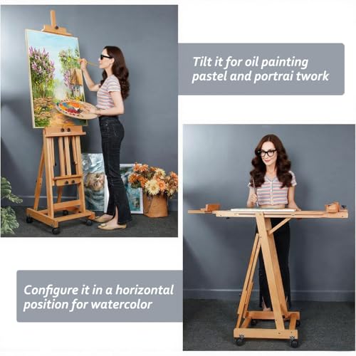 Art Easel for Painting, H-Frame Standing Studio Painting Easel | Tilting Flat Adjustable with Wheels for Adults Artist, Can Holds 2 Canvases
