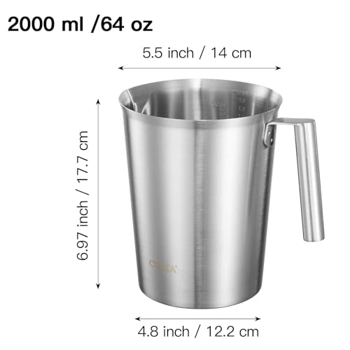 18/8 Stainless Steel Measuring Cup with Round Handle and Pour Spout, Heavy Duty Commercial Kitchen Measuring Pitcher for Restaurant, Bakery, Food Prep, 64 OZ (8 Cup, 2000 ML) - color: Round Handle, size: 64 OZ (8 Cup, 2000 ML)